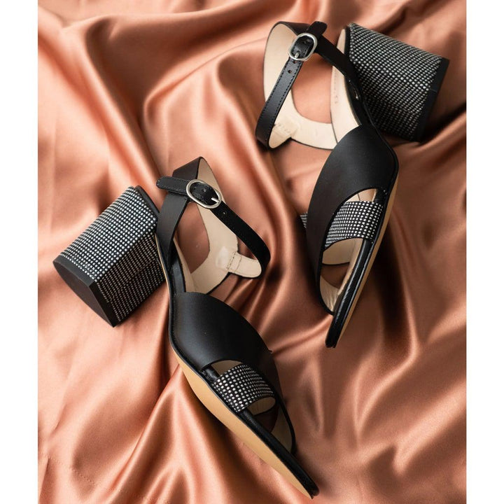 Metal Studded Black Leather Block Heel for women