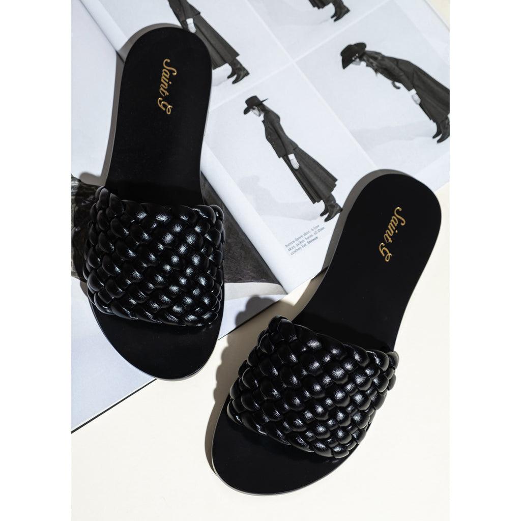 Saint Arianna Black Leather Handcrafted Woven Flats - SaintG UK