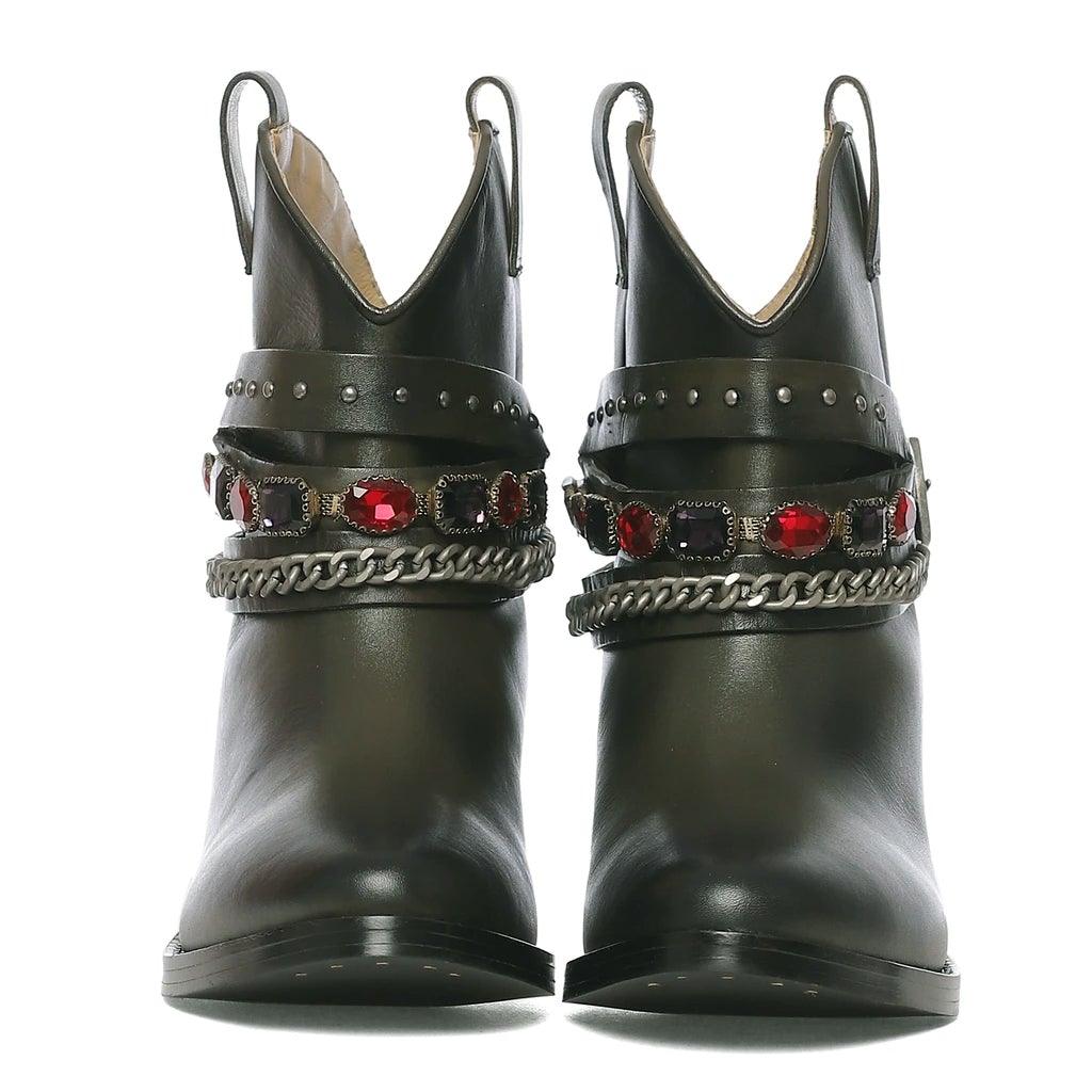 Saint Louanne Olive Leather Rhinestone Studded Décor Boots - SaintG UK