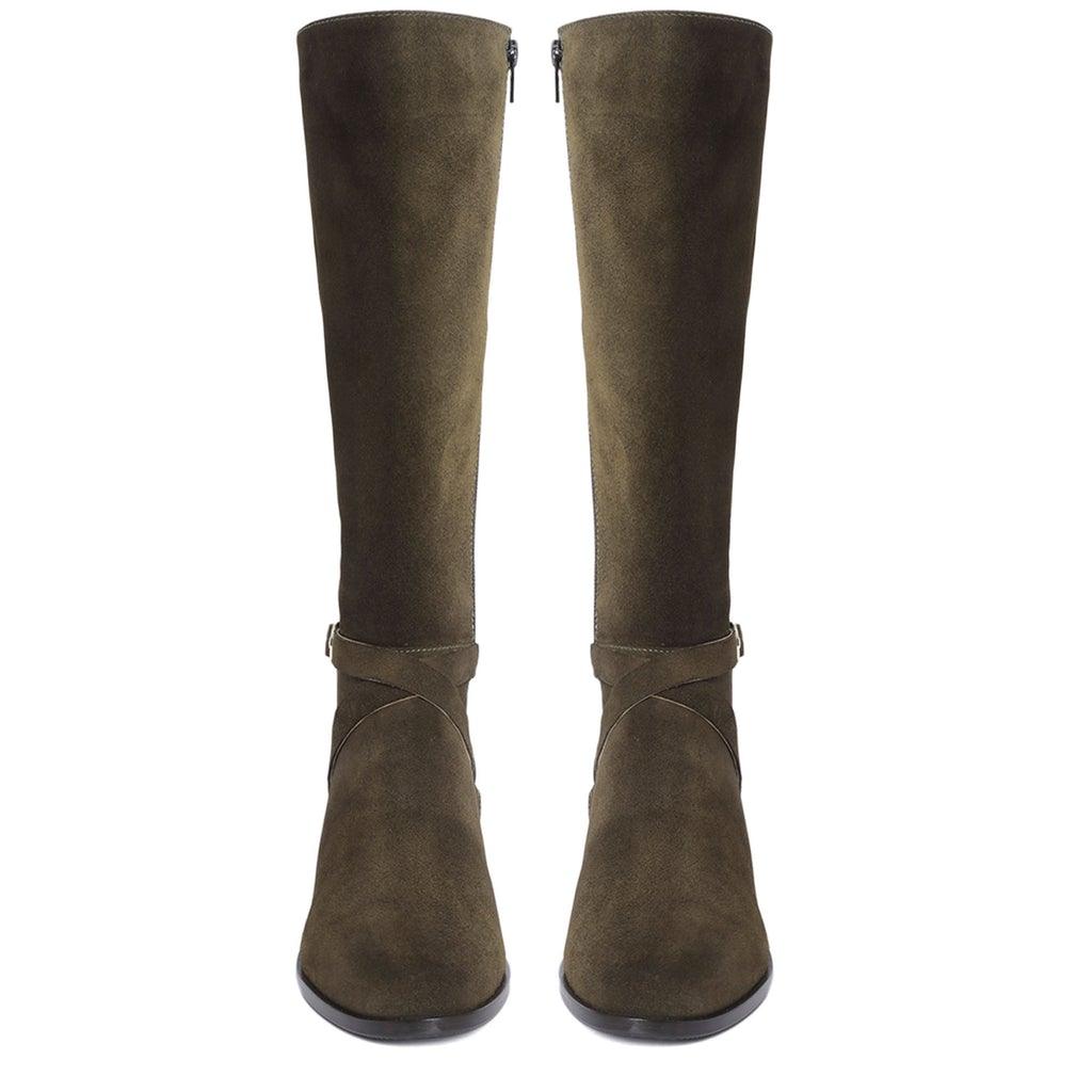 Saint Damaris Suede Olive Decorative Leather Knee High Boots - SaintG UK