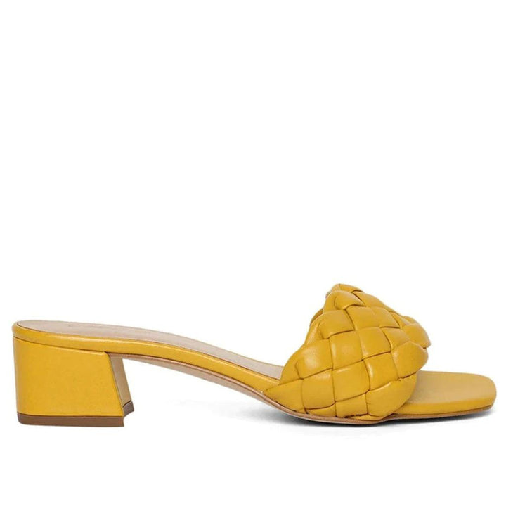Yellow Leather Woven Mid Heeled Sandal for women