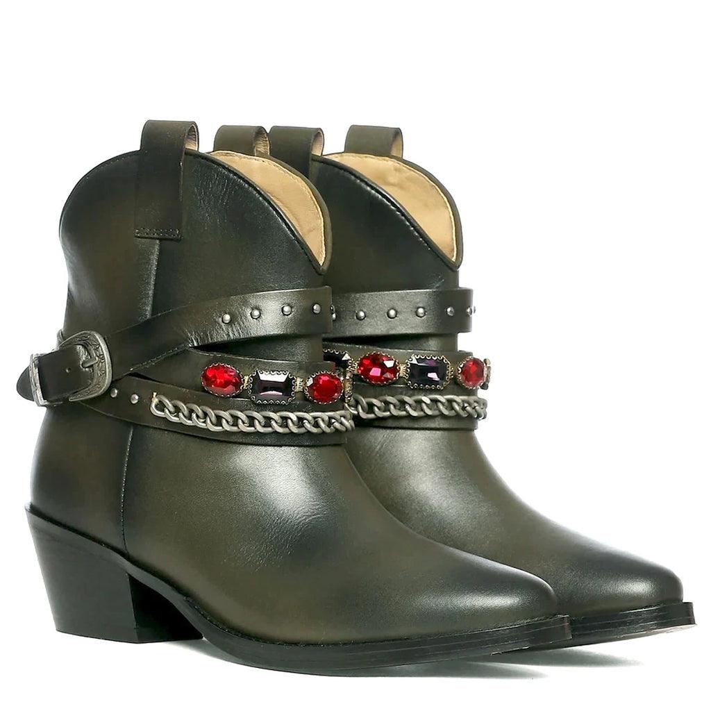 Saint Louanne Olive Leather Rhinestone Studded Décor Boots - SaintG UK