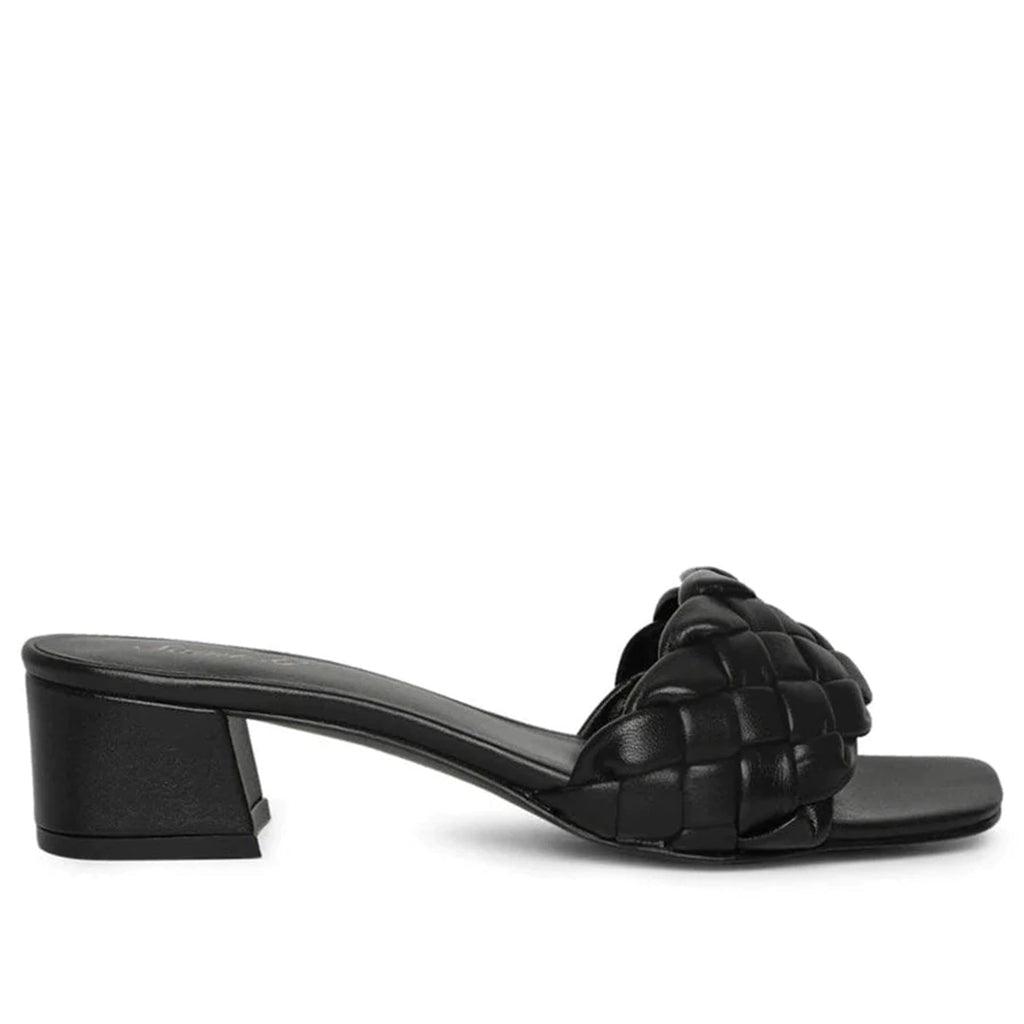 Black Leather Woven Mid Heeled Sandal for women
