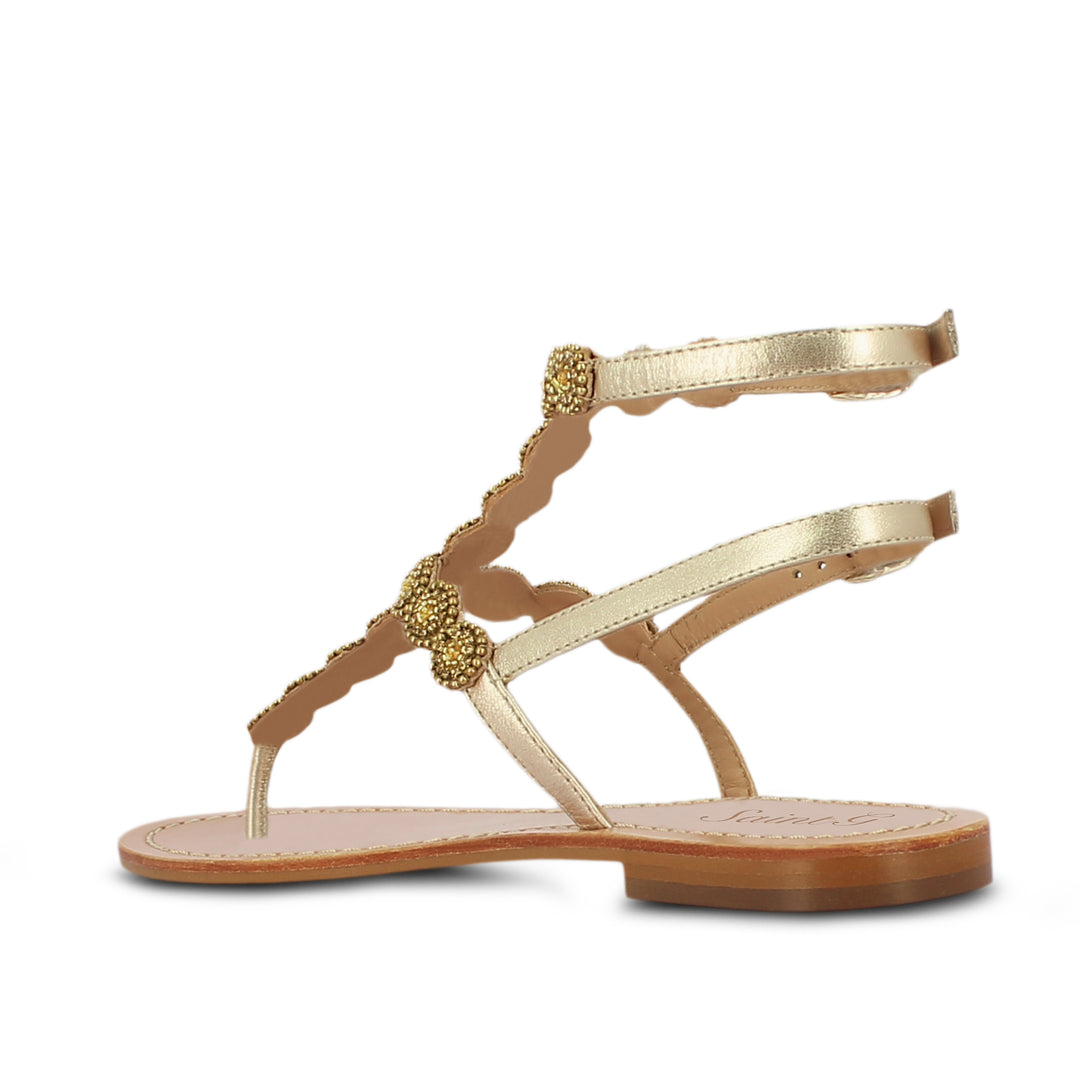Saint Azzurra Metallic Platin Leather With Hand Embroidery Sandals