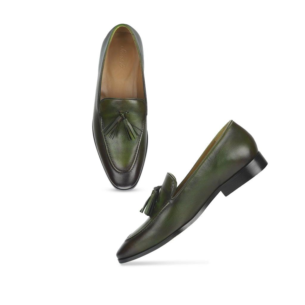 Saint Valentin Olive Leather Men's Tassel Moccasin Shoes - SaintG UK