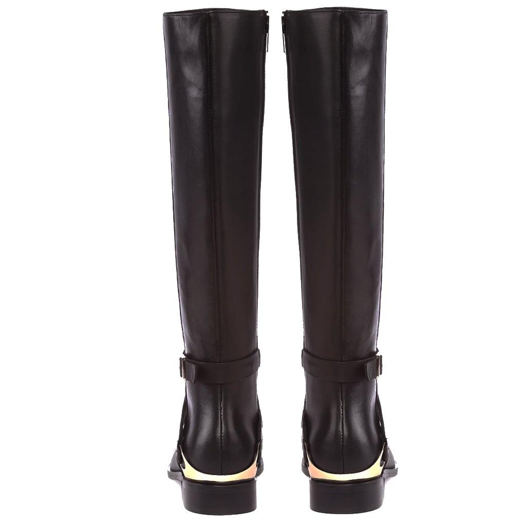 Saint Damaris Dark Brown Leather Buckle Decor Knee High Boots - SaintG UK