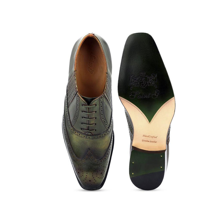 Saint Vincenzo Olive Leather Square Toe Lace Up Décor Shoes - SaintG UK