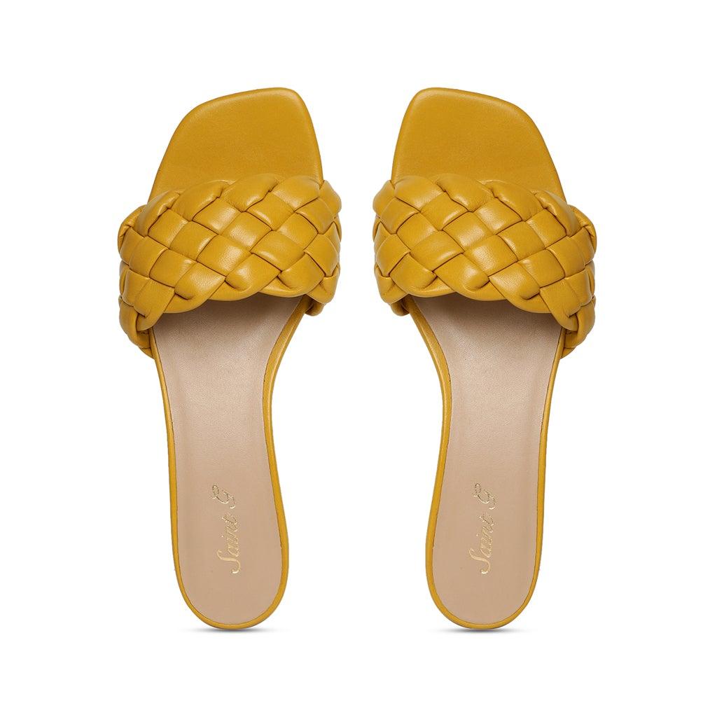 Saint Kate Yellow Leather Woven Mid Heeled Sandal - SaintG UK