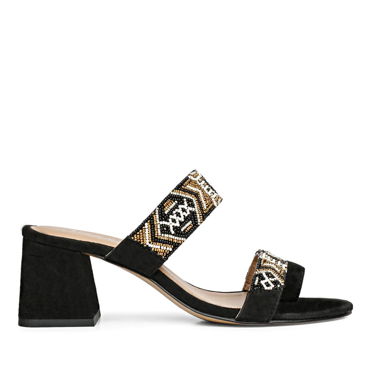 Hand Embroidered Black Leather Block Heels Women