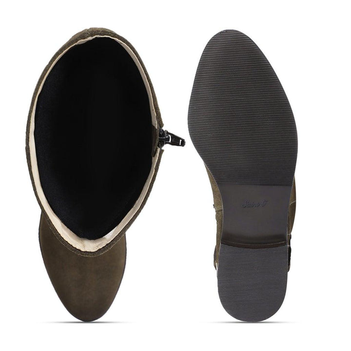 Saint Damaris Suede Olive Decorative Leather Knee High Boots - SaintG UK