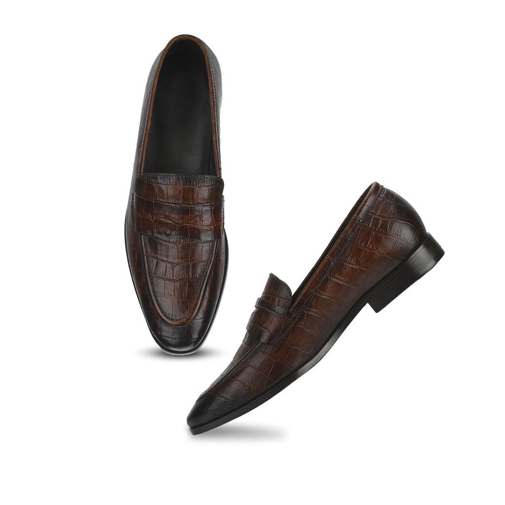Saint Ansprand  Brown Croco Leather Embossed Loafers - SaintG UK
