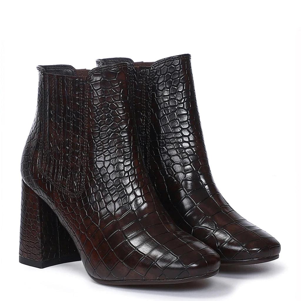 Saint Milana Brown Croco Embossed Vegan Leather Ankle Boots - SaintG UK