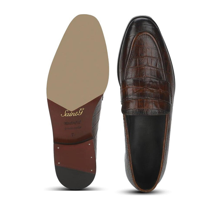 Saint Ansprand  Brown Croco Leather Embossed Loafers - SaintG UK