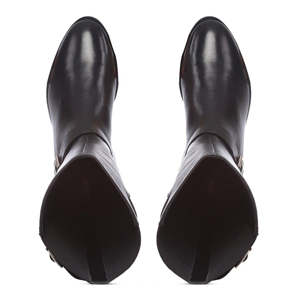 Saint Delores Black Crust Leather Buckle Decor Knee High Boots - SaintG UK