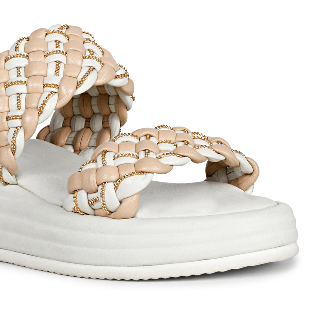 Chain Embellished Beige Woven Leather Platform Sandals