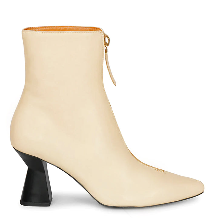 Saint Rose Off White Leather Front Zipper Pointed Toe Heel Boots