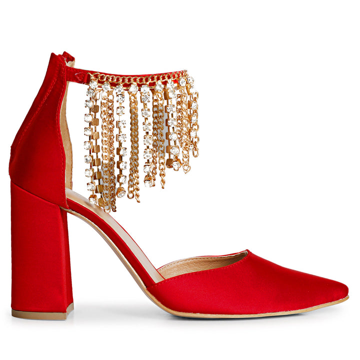 Gold Chain Embellished Red Leather Block Heels Pump