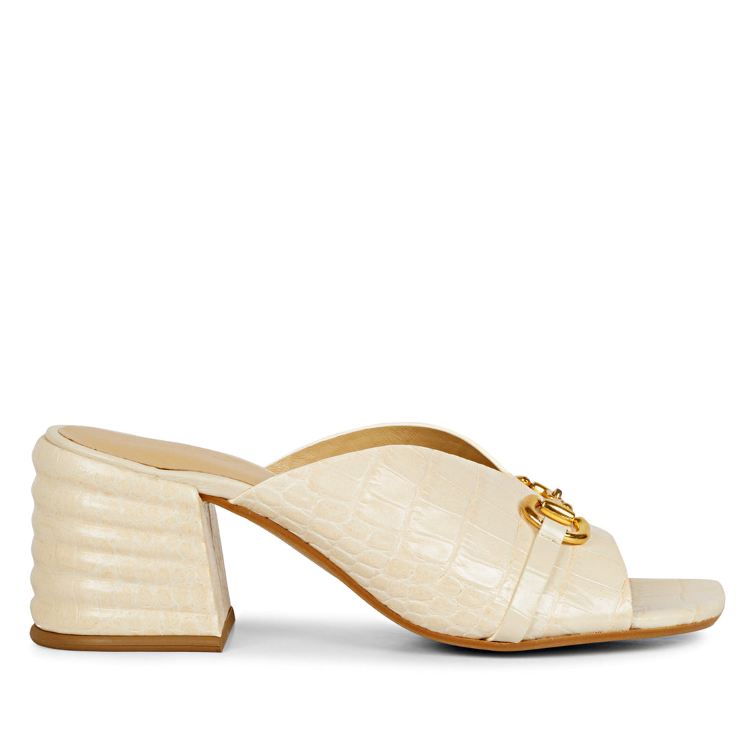 Off White Croc Embossed Leather Block Heel Mules for womens