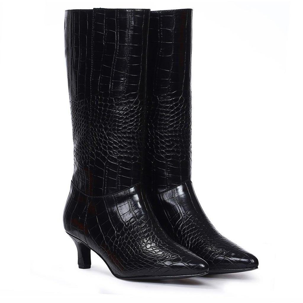 Saint Enora Croco Embossed Black Calf Length Boots - SaintG UK