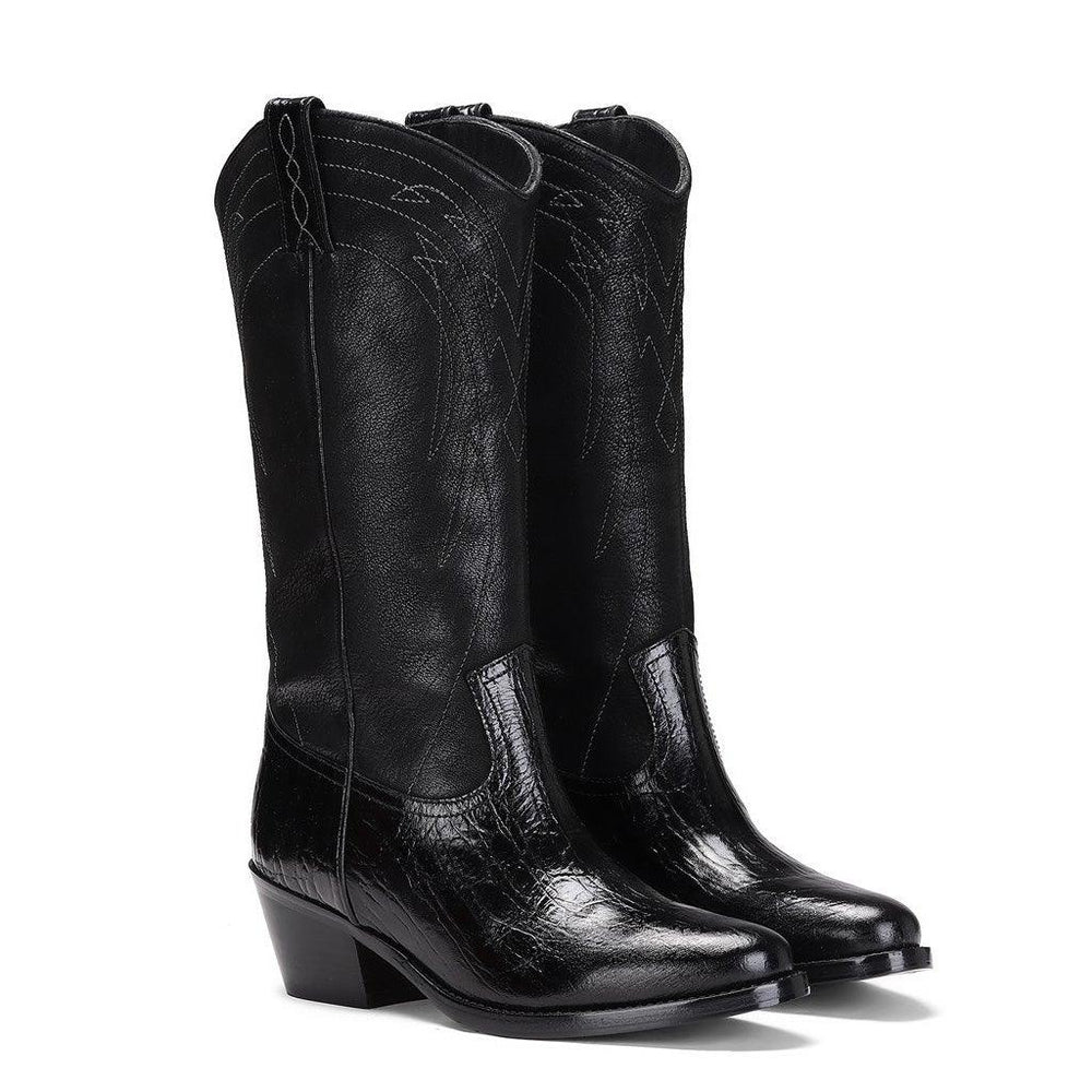 Saint Trinity Black Patent Leather cowboy Calf Length Boots - SaintG UK