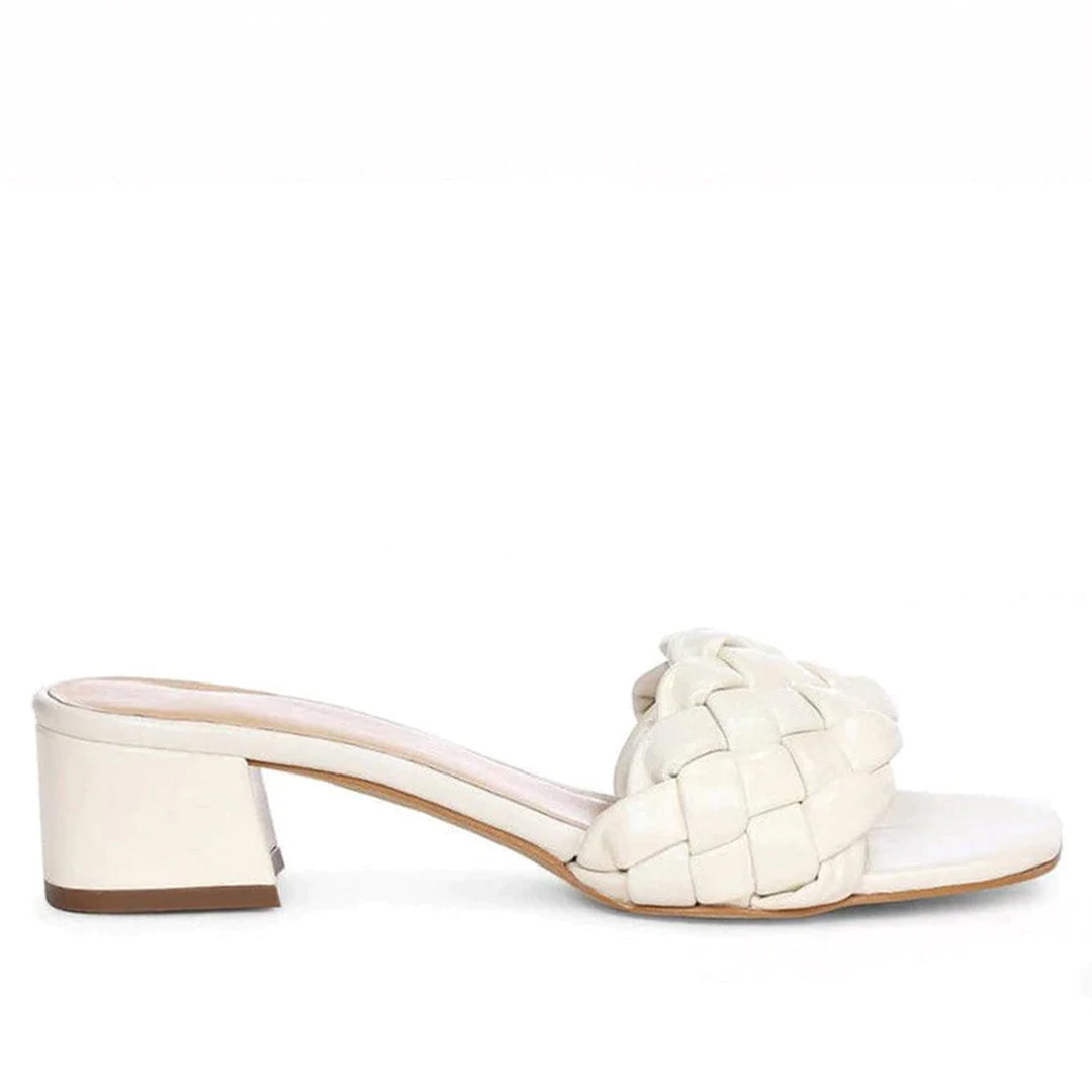 white Leather Woven Mid Heeled Sandal for women