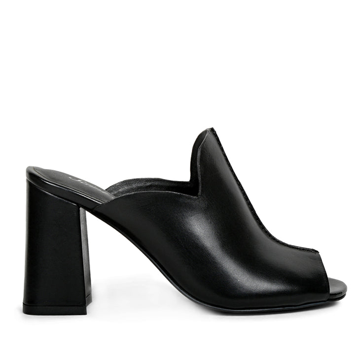 Black Leather Block Heel Mule for women