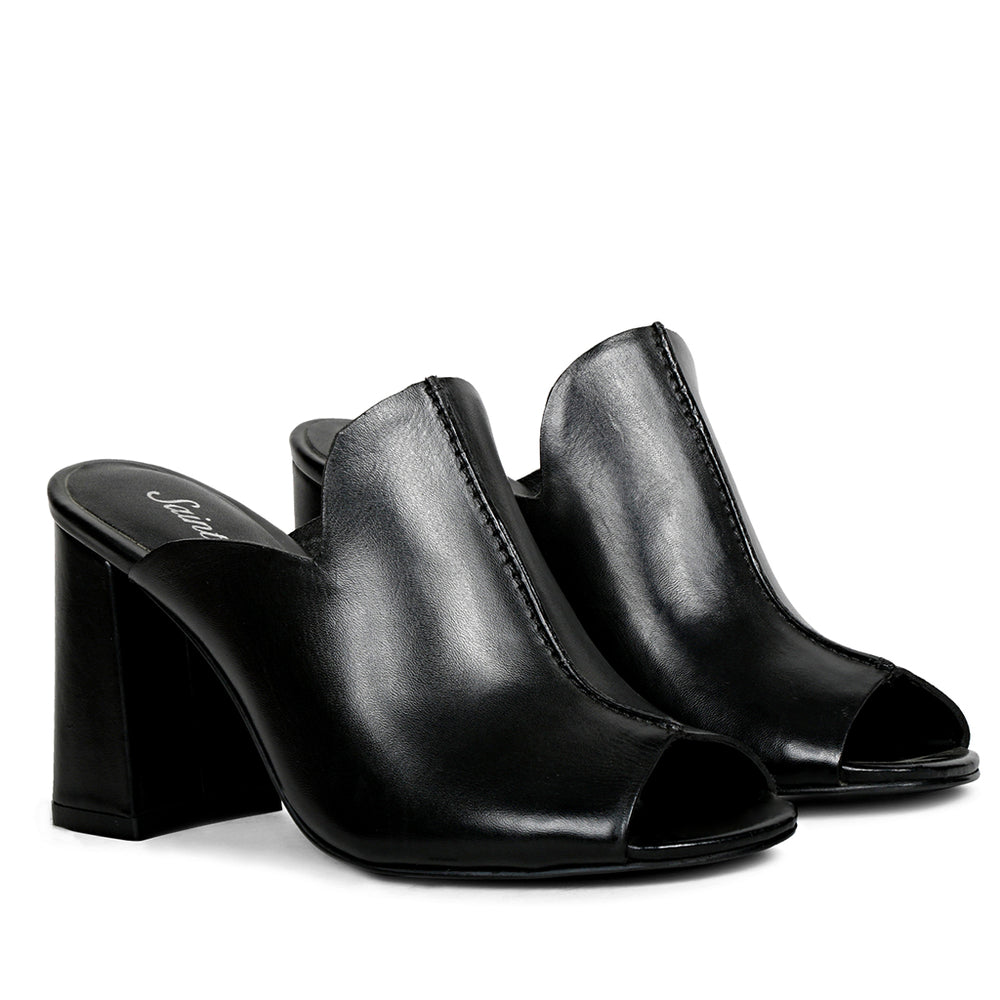 Black Leather Block Heel Mule for women