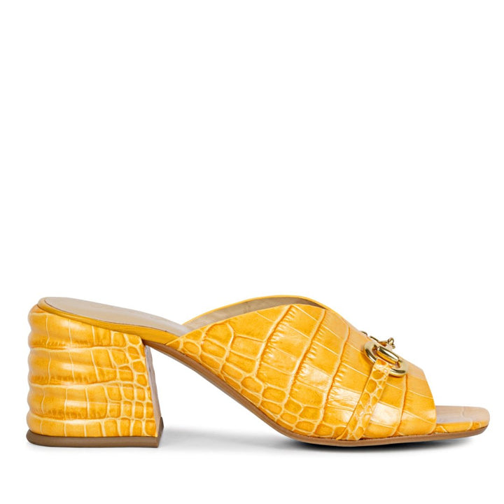 yellow Croc Embossed Leather Block Heel Mules for womens