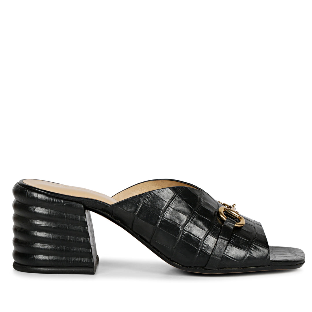 Black Croc Embossed Leather Block Heel Mules for womens