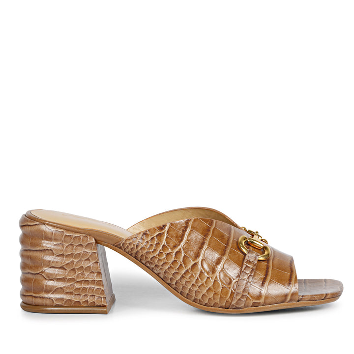 Cuoio Croc Embossed Leather Block Heel Mules for womens