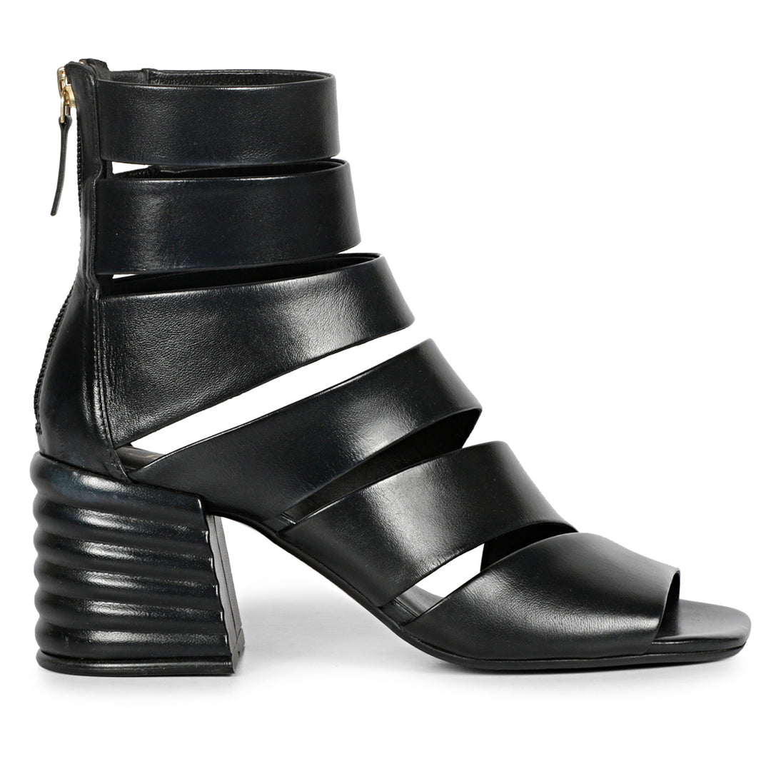 Black Leather Handcrafted Strappy Block Heels for women