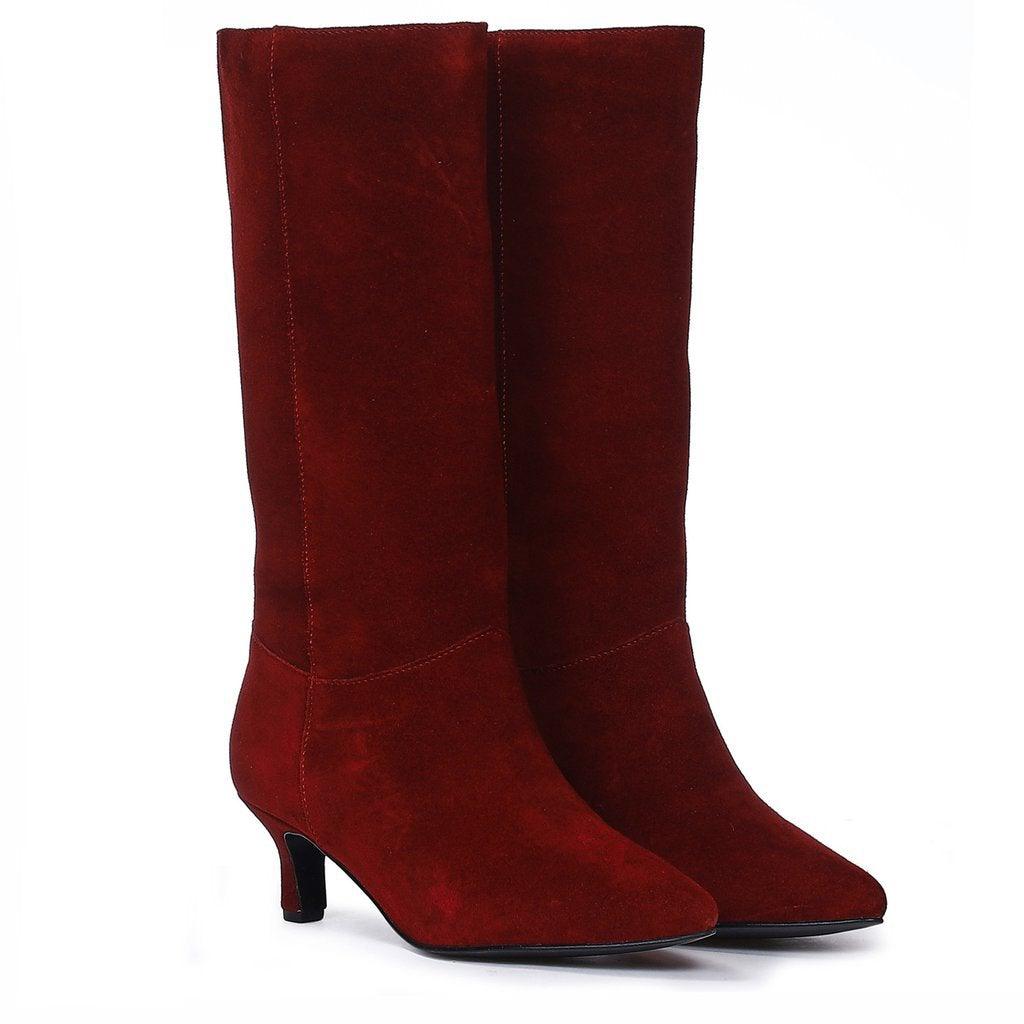 Saint Cecilia Maroon Suede Leather Kitten Heel Calf Boots - SaintG UK