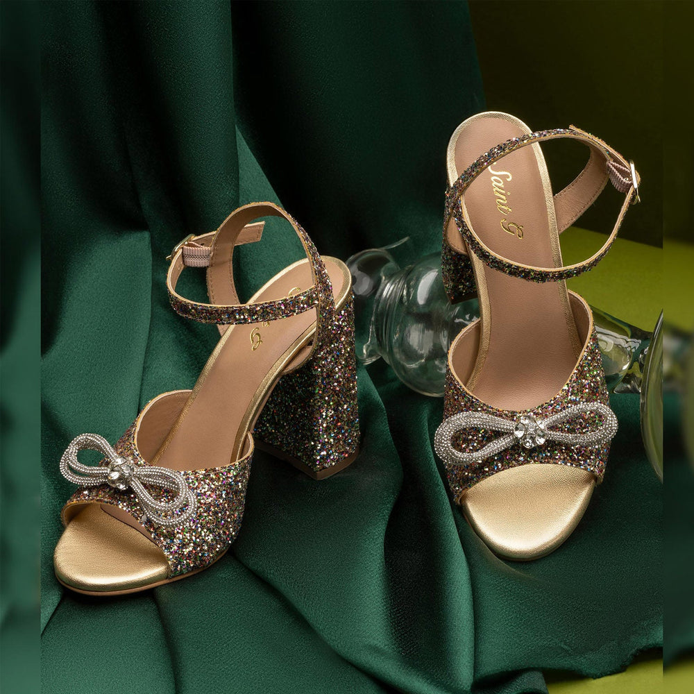  Multi Glitter Embellished Leather Block Heels