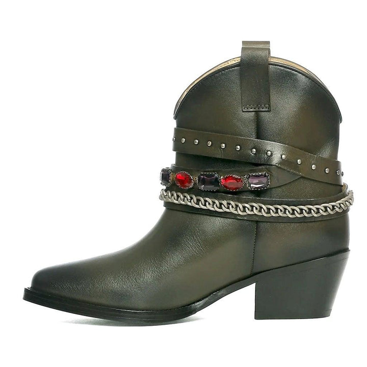 Saint Louanne Olive Leather Rhinestone Studded Décor Boots - SaintG UK
