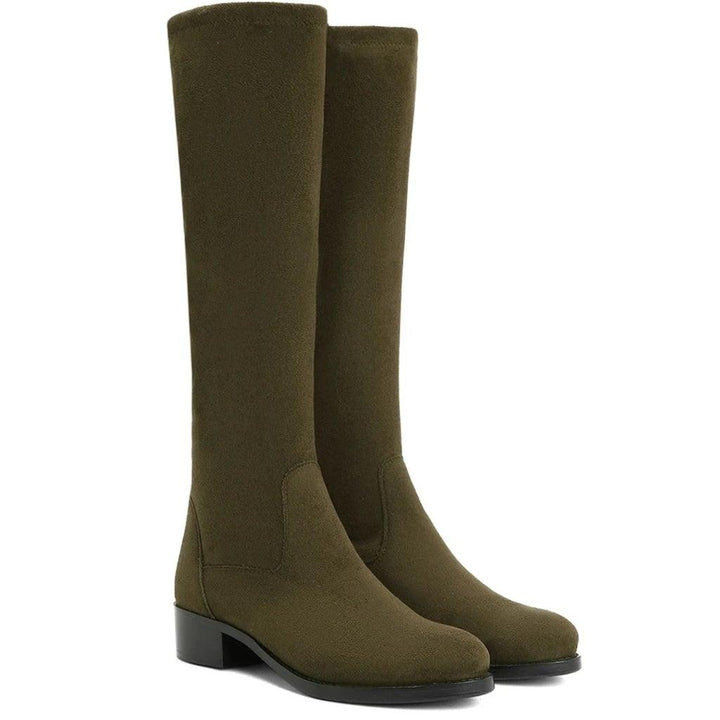 Saint Amy Olive Stretch suede Leather Knee High Boots - SaintG UK