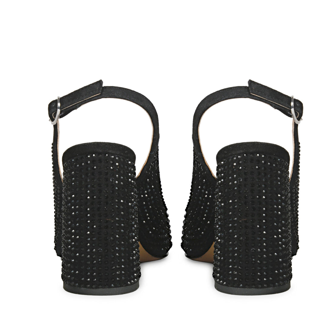 Crystal Embellishes Black Leather Heels