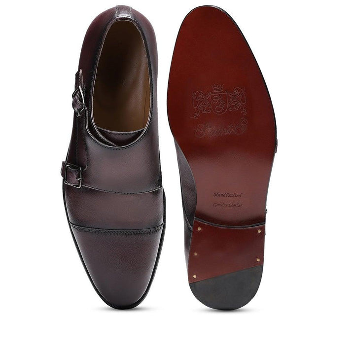 Saint Alboin Two Color Toned Red Leather Double Buckled Monk Strap Shoes - SaintG UK