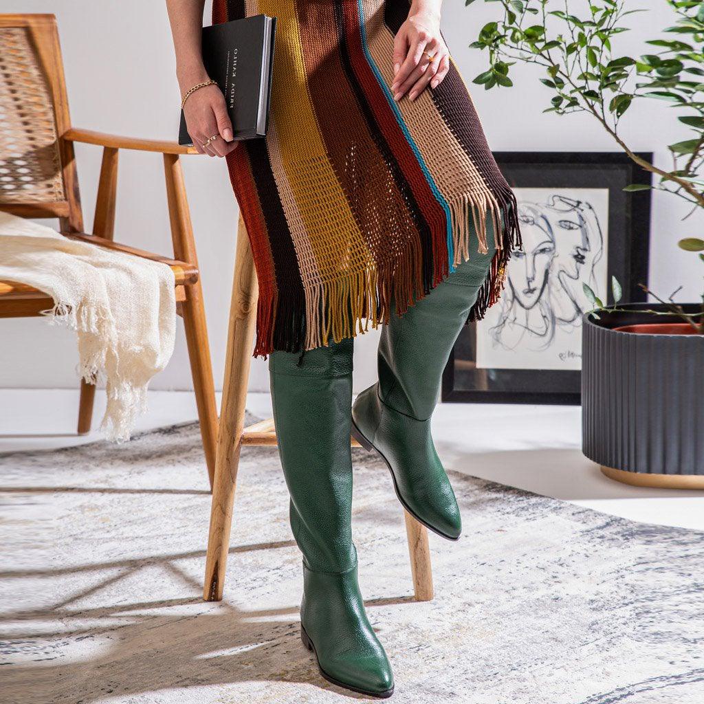 Green Leather Above The Knee Boots for women