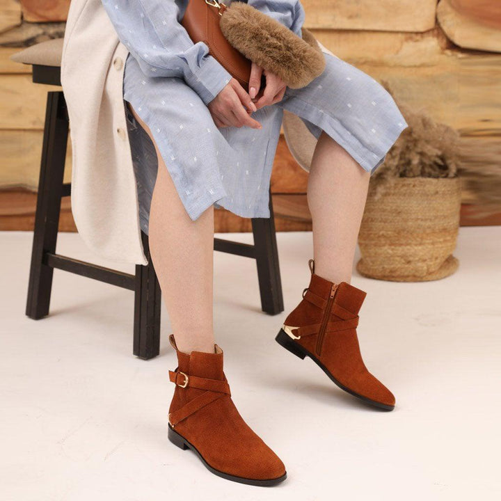 Saint Cathie Buckle Decor Tan Leather Ankle Boots - SaintG UK
