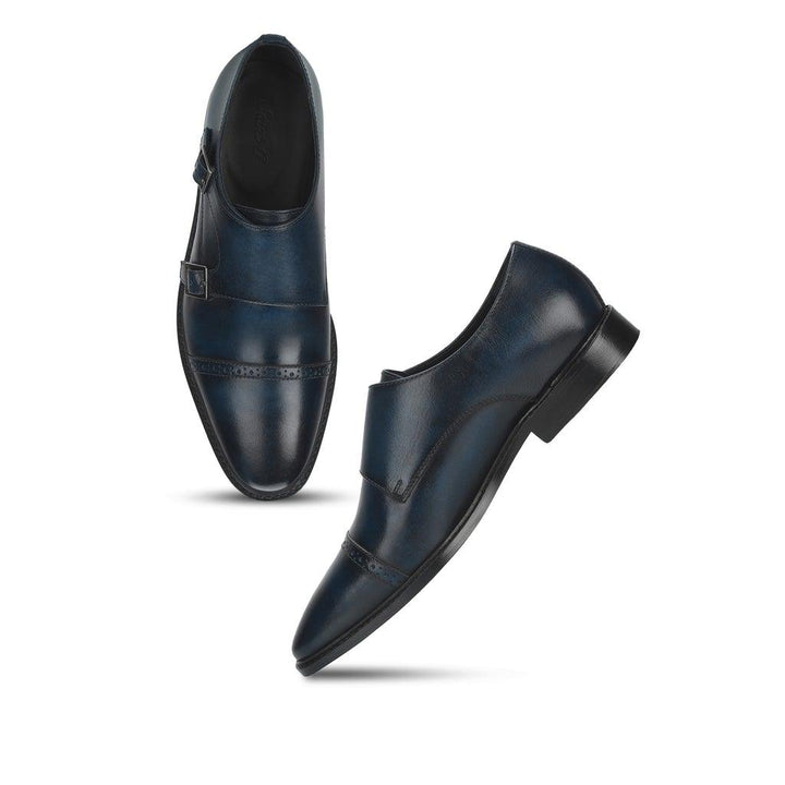 Saint Perctarit Blue Leather Double Buckle Monk Brogue Shoes - SaintG UK