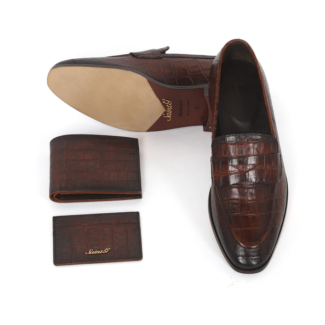 Saint Ansprand Brown Croco Leather Embossed Loafers With Set - SaintG UK