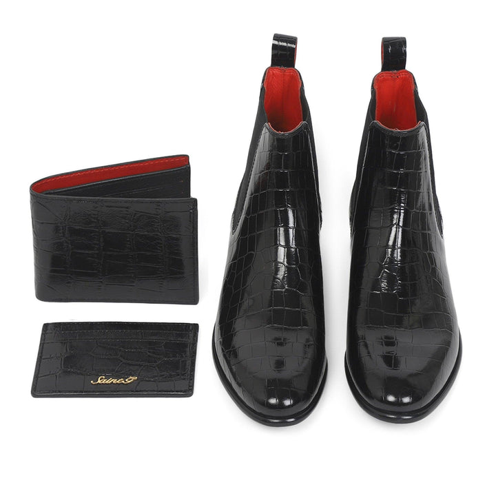 Saint Eadred Black Croco Patent Shiny Leather Boot With Set - SaintG UK