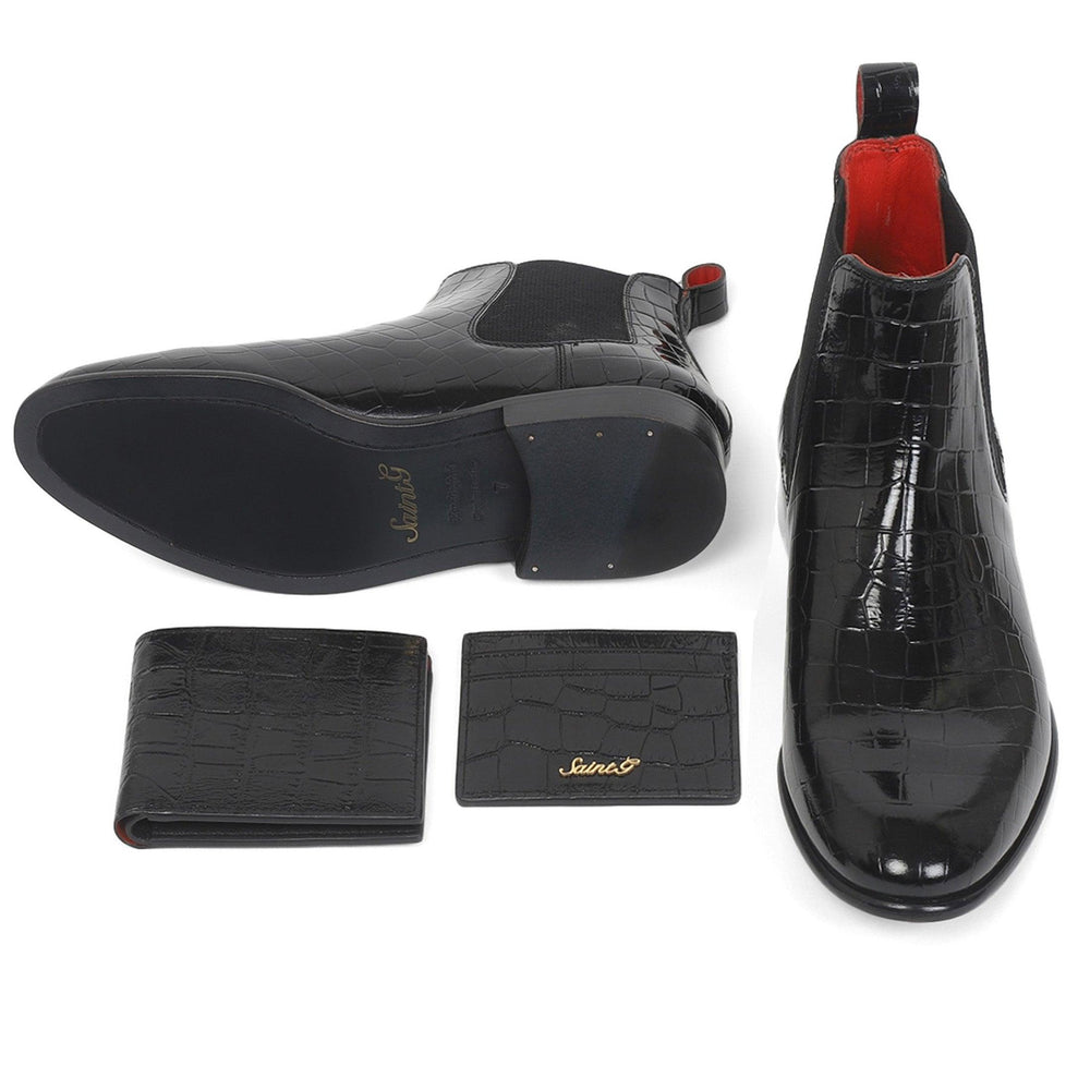 Saint Eadred Black Croco Patent Shiny Leather Boot With Set - SaintG UK