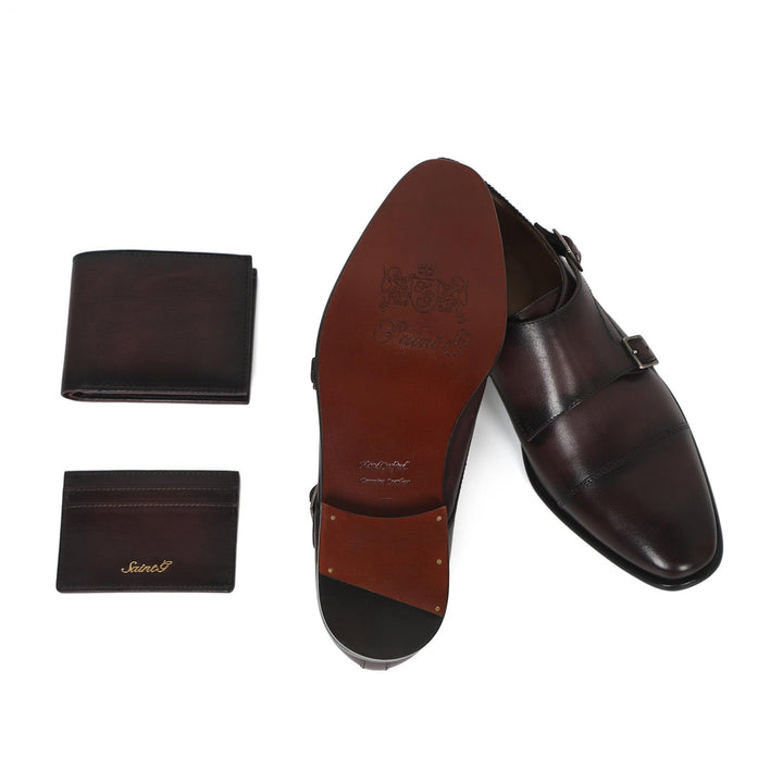 Saint Alboin Two Color Toned Red Leather Double Buckled Monk Strap With Set - SaintG UK