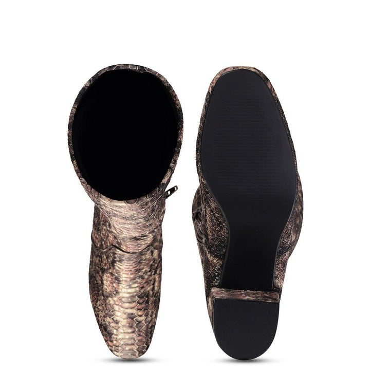 Saint Inez Python Print Brown Stretch Fab Above The Knee Heeled Boots - SaintG UK