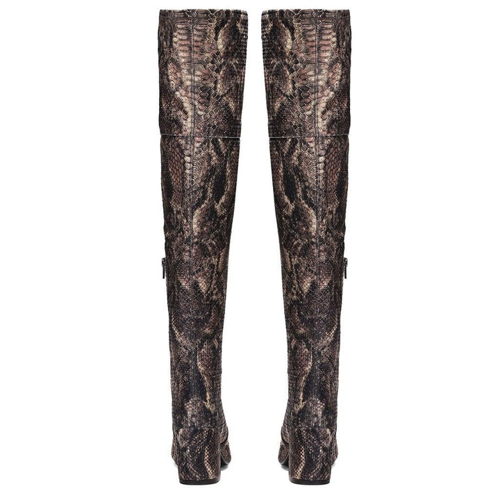 Saint Inez Python Print Brown Stretch Fab Above The Knee Heeled Boots - SaintG UK