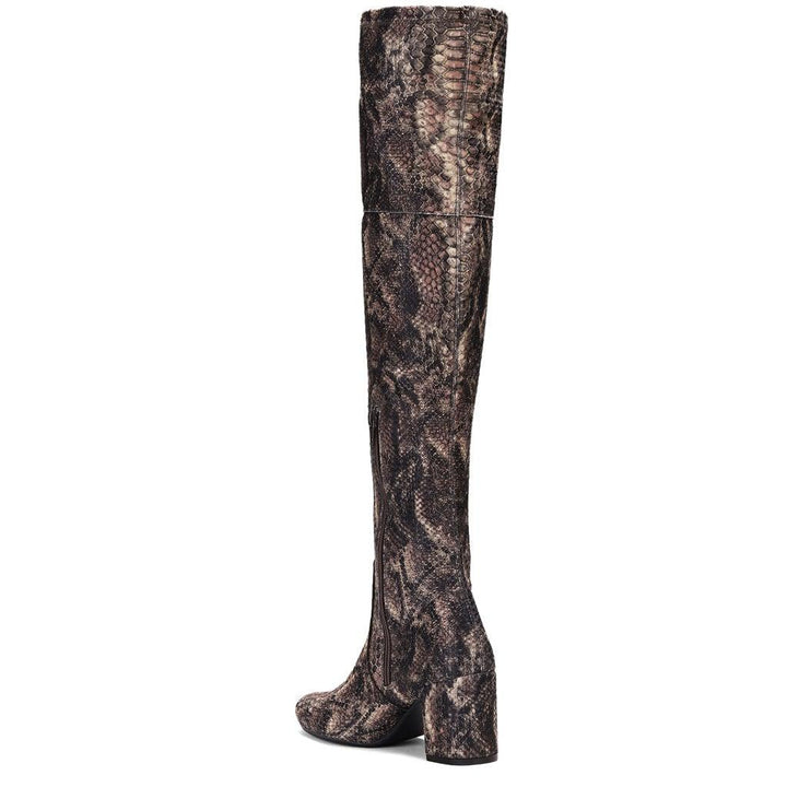 Saint Inez Python Print Brown Stretch Fab Above The Knee Heeled Boots - SaintG UK