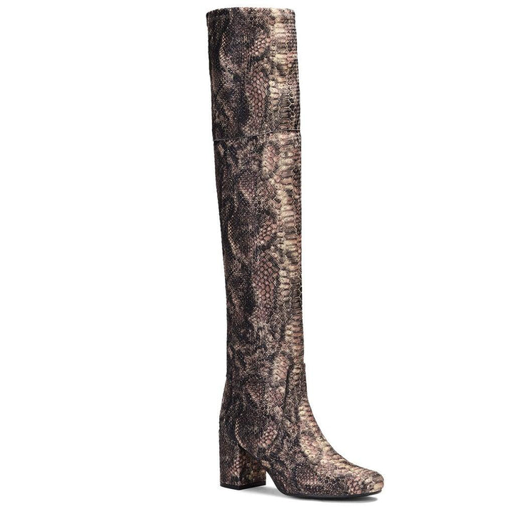Saint Inez Python Print Brown Stretch Fab Above The Knee Heeled Boots - SaintG UK