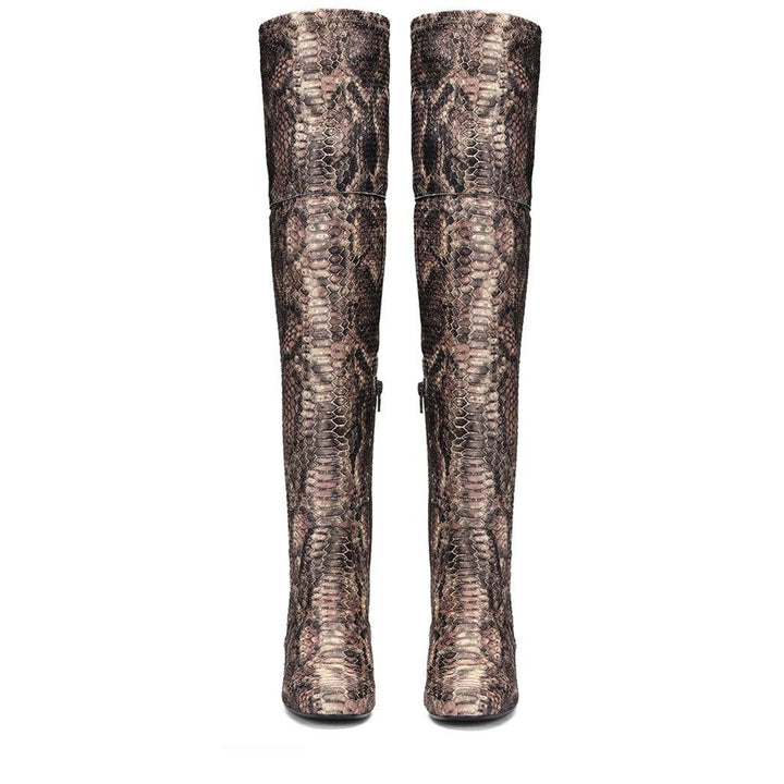 Saint Inez Python Print Brown Stretch Fab Above The Knee Heeled Boots - SaintG UK