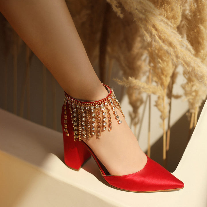 Gold Chain Embellished Red Leather Block Heels Pump